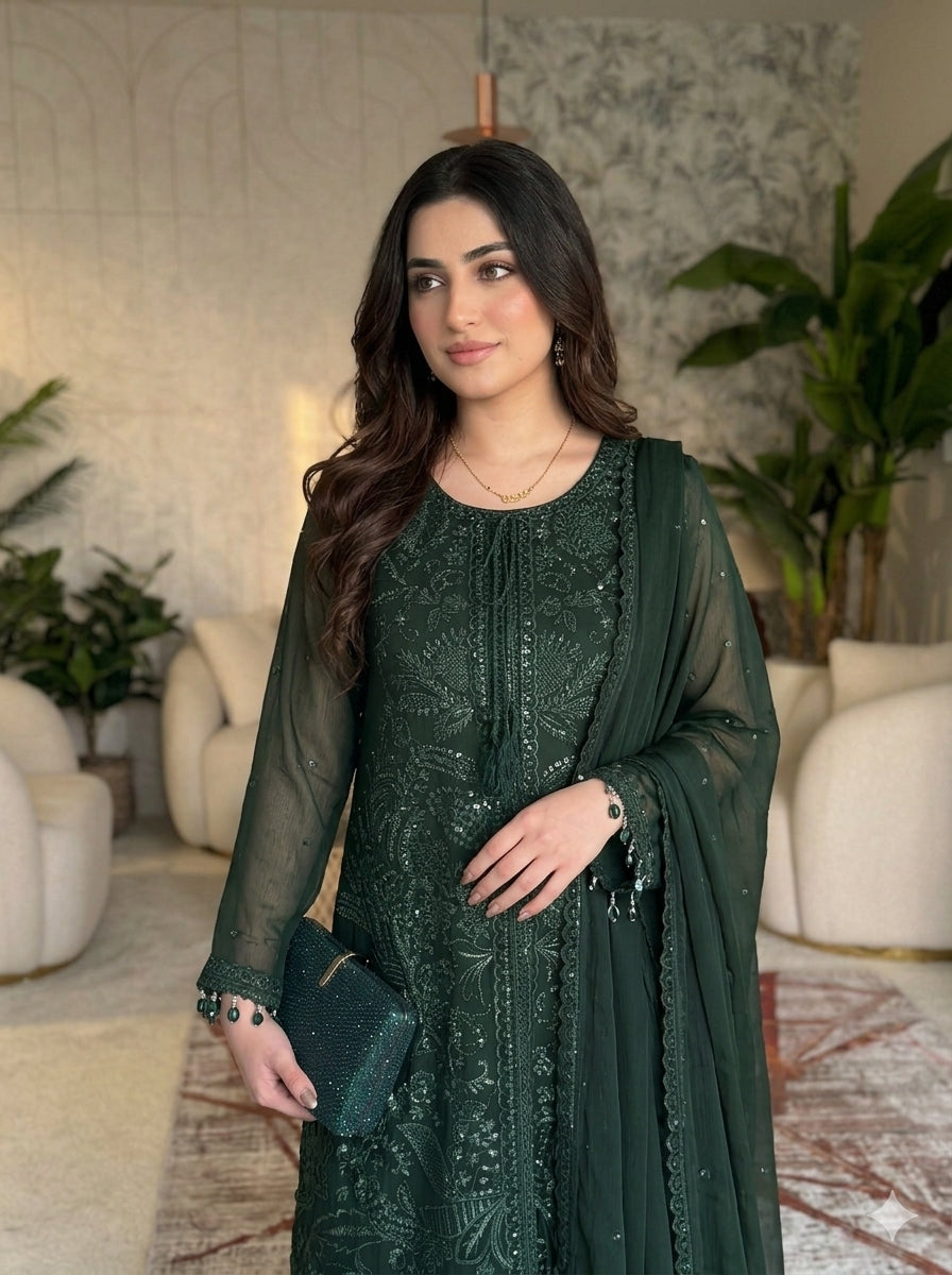 4 Piece Premium Chiffon Embroidered Dress -Zumrud