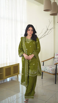 3 Piece Karandi Embroidered Dress - Olive Green