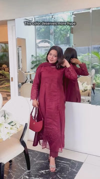 3 Piece Cotton Embroidered Dress - Majesty Wine