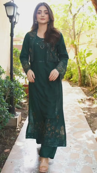 2 Piece Khaddar Embroidered Dress - Green Oasis